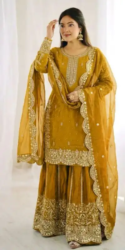 ZSR 3167 Yellow Fendy Silk Salwar Suitwith Embroidery Work & Lace Work. Now at just ₹2149. Delivery 4-6 Working Days. Shop now. | Jump Suits, Salwar suit, Casual Suits, Creative suits, Designer Suits, Palazzo Suits, Party Wear Suits, Patiala Suits, Straight Suits