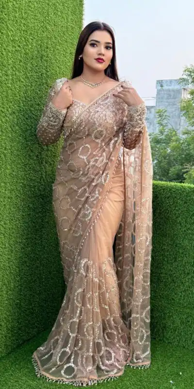 DF 3490 Chiku Color Butterfly Net Heavy 5mm Sequins Embroidery work Saree Casual, Wedding, Festive, Events . Expected Delivery  4-6 Working Days @1799/- only                                                                                | Sarees, Bollywood Sarees, Creative Sarees, Designer Sarees, Embroidered Sarees, Ethnic Saree, Modern Digital sarees, Party Wear Sarees