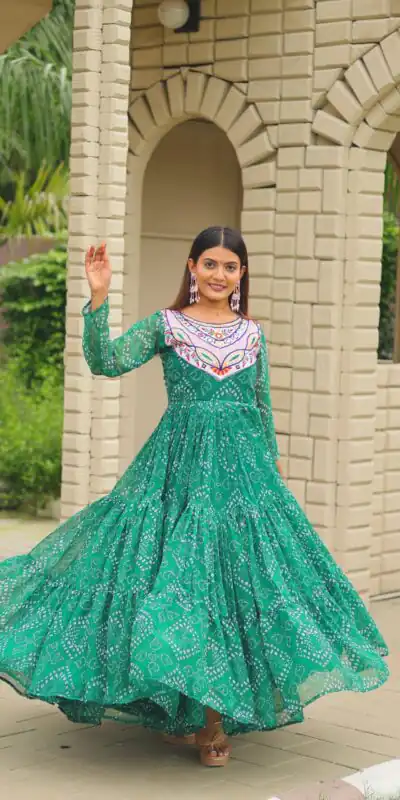 Ram 130 Green in Colour Faux Georgette Bandhani Print Work Gown. Available at ₹1749 only. Delivery 4-6 Working Days. Shop now. | Gowns, Bollywood Gowns, Creative Gowns, Designer Gowns, Embroidered Gowns, Party Wear Gowns