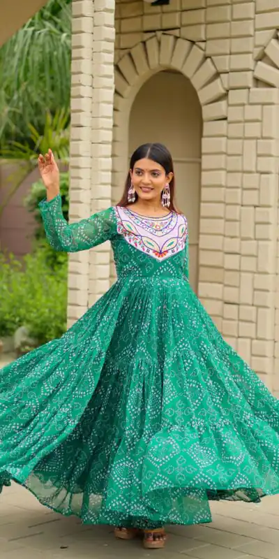 Ram 130 Green in Colour Faux Georgette Bandhani Print Work Gown. Available at ₹1749 only. Delivery 4-6 Working Days. Shop now. | Gowns, Bollywood Gowns, Creative Gowns, Designer Gowns, Embroidered Gowns, Party Wear Gowns