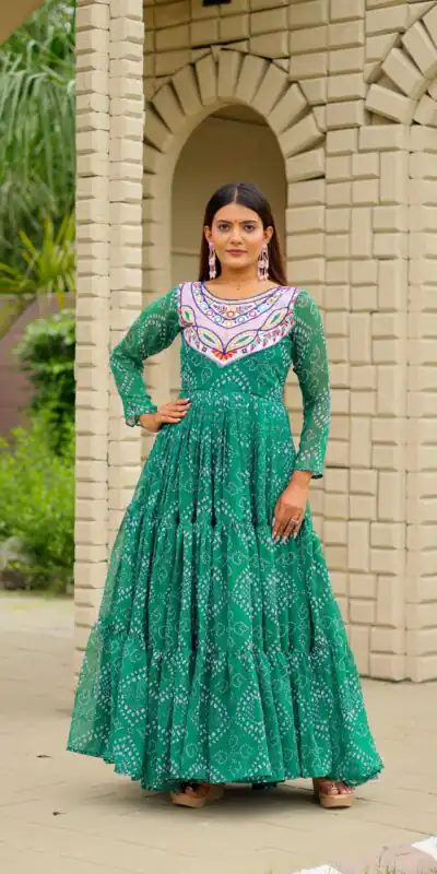 Ram 130 Green in Colour Faux Georgette Bandhani Print Work Gown. Available at ₹1749 only. Delivery 4-6 Working Days. Shop now. | Gowns, Bollywood Gowns, Creative Gowns, Designer Gowns, Embroidered Gowns, Party Wear Gowns