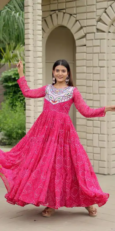 Ram 130 Pink in Colour Faux Georgette Bandhani Print Work Gown. Available at ₹1749 only. Delivery 4-6 Working Days. Shop now. | Gowns, Bollywood Gowns, Creative Gowns, Designer Gowns, Embroidered Gowns, Party Wear Gowns