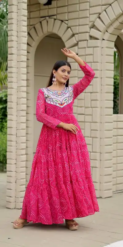 Ram 130 Pink in Colour Faux Georgette Bandhani Print Work Gown. Available at ₹1749 only. Delivery 4-6 Working Days. Shop now. | Gowns, Bollywood Gowns, Creative Gowns, Designer Gowns, Embroidered Gowns, Party Wear Gowns