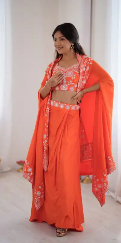 Alternative view of Aglow Orange French Crep Sequence Work Dhoti Suit