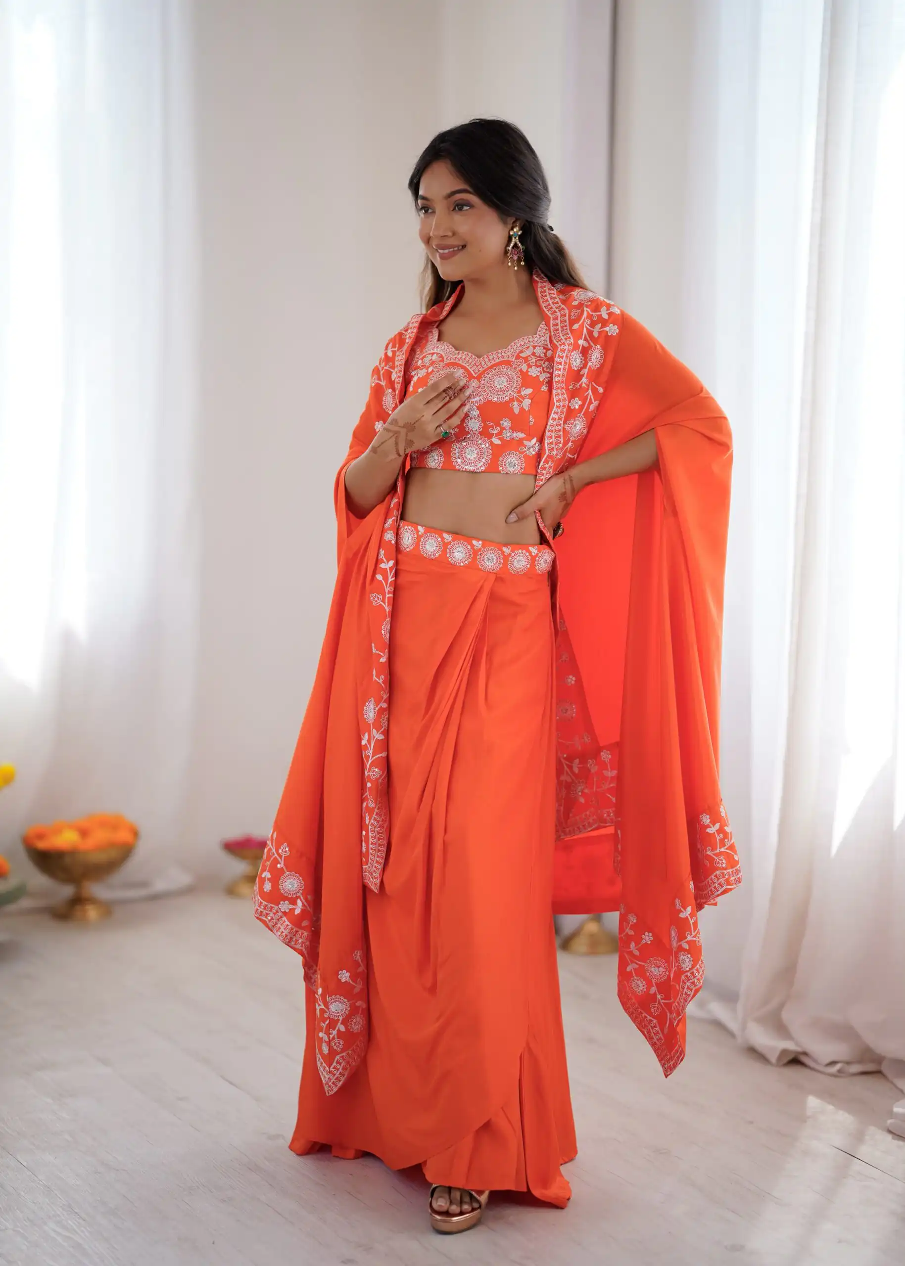 Aglow Orange French Crep Sequence Work Dhoti Suit - Image 2