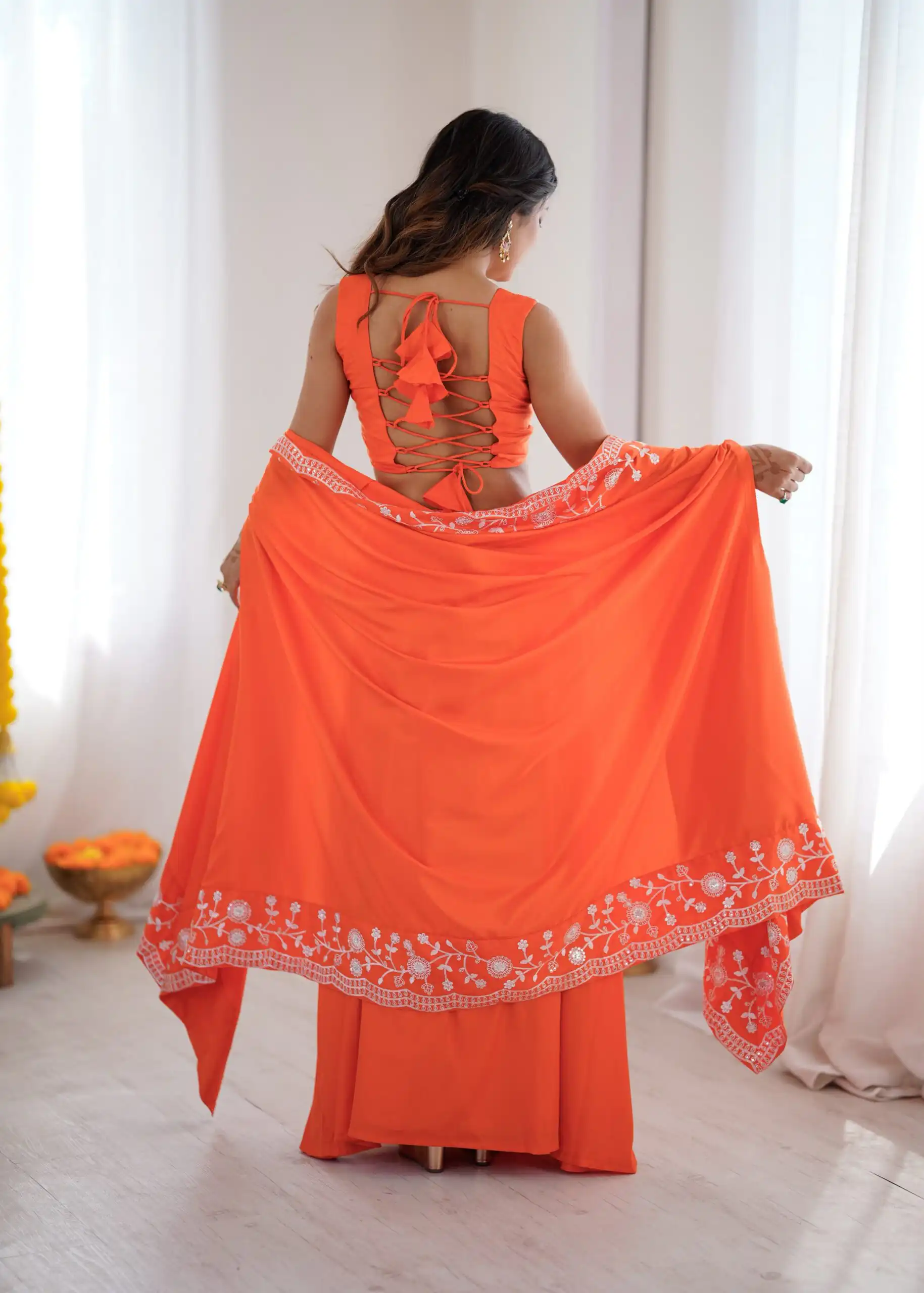 Aglow Orange French Crep Sequence Work Dhoti Suit - Image 3