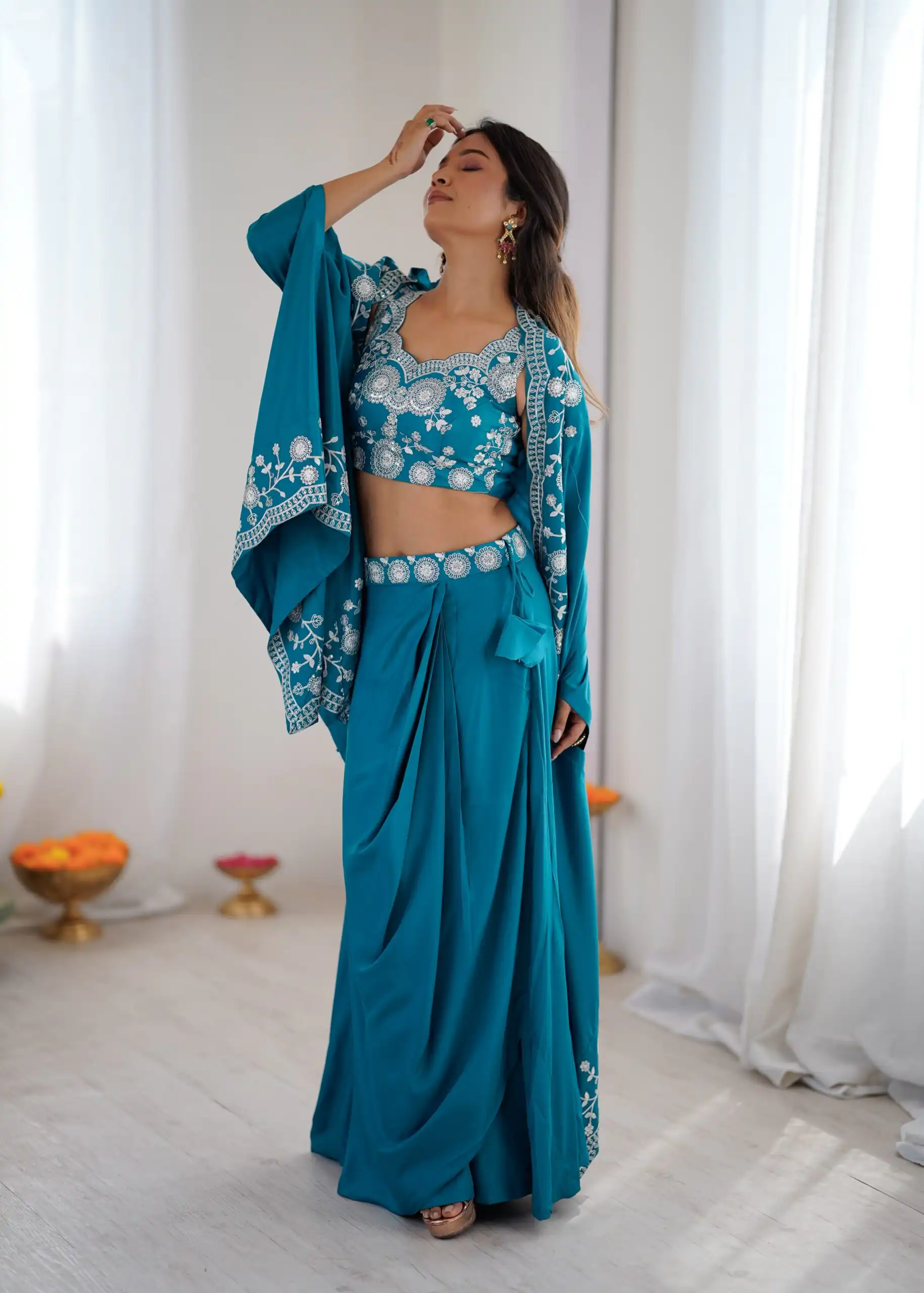 Aglow Teal French Crep Sequence Work Dhoti Suit - Image 3