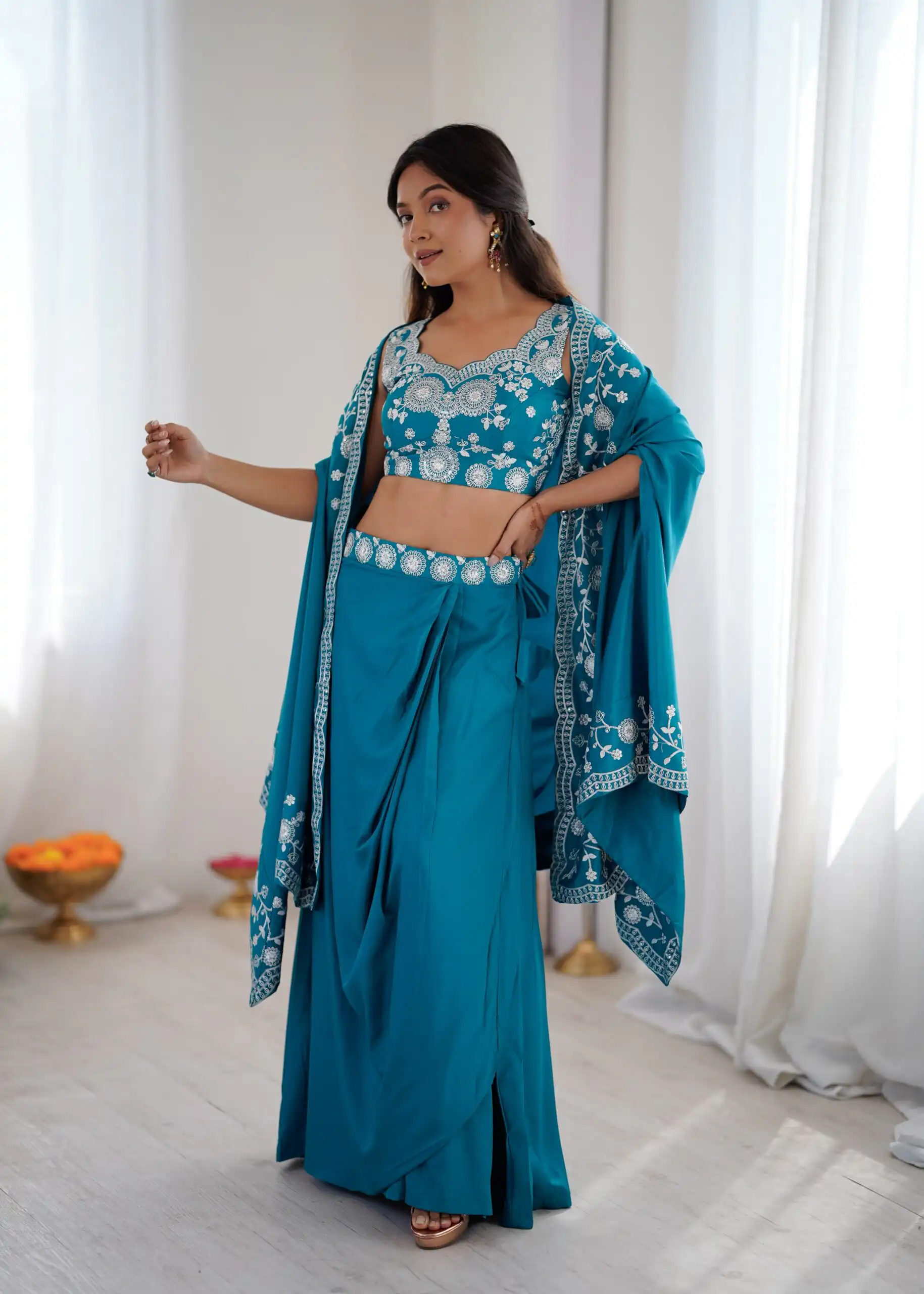 Aglow Teal French Crep Sequence Work Dhoti Suit