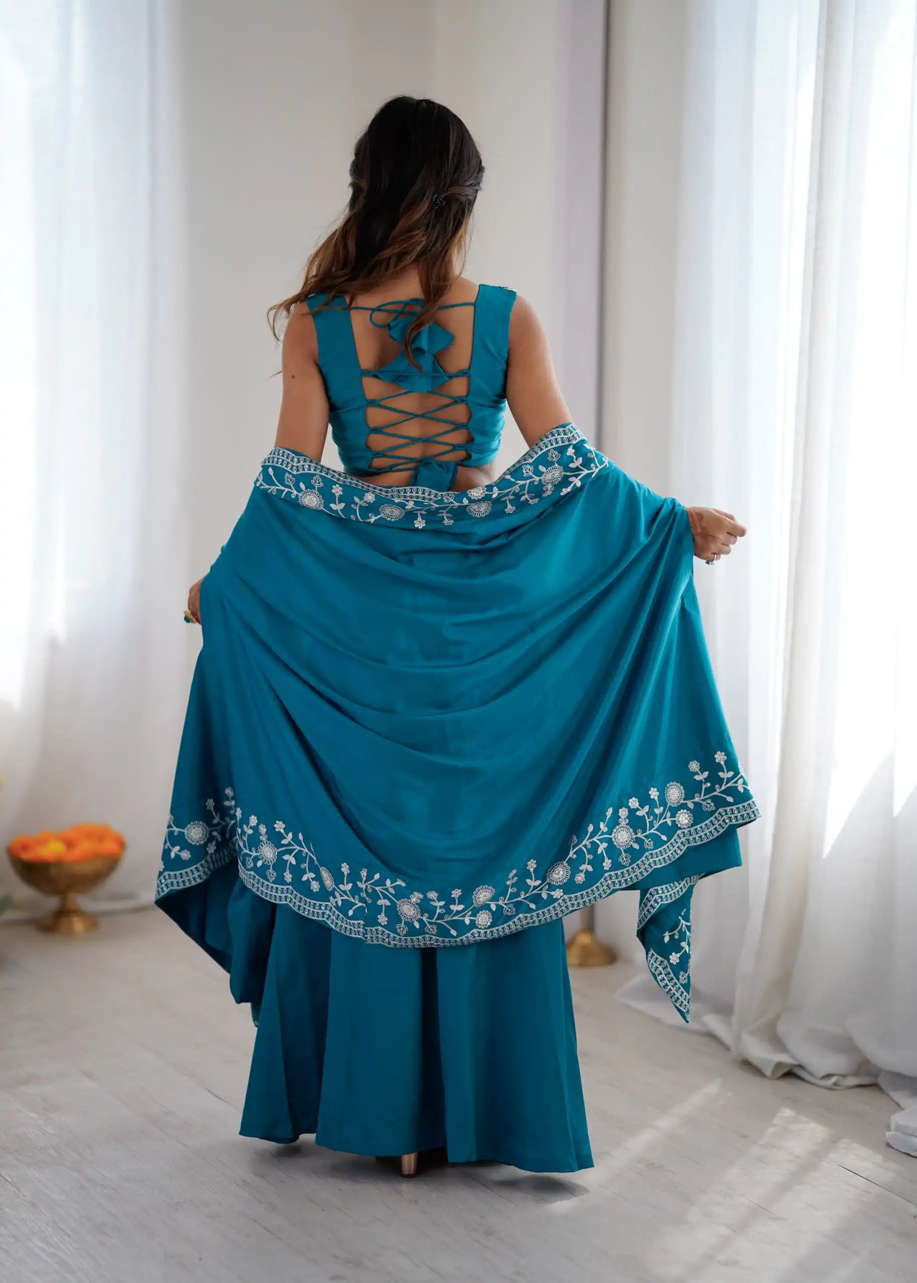 Aglow Teal French Crep Sequence Work Dhoti Suit - Image 4