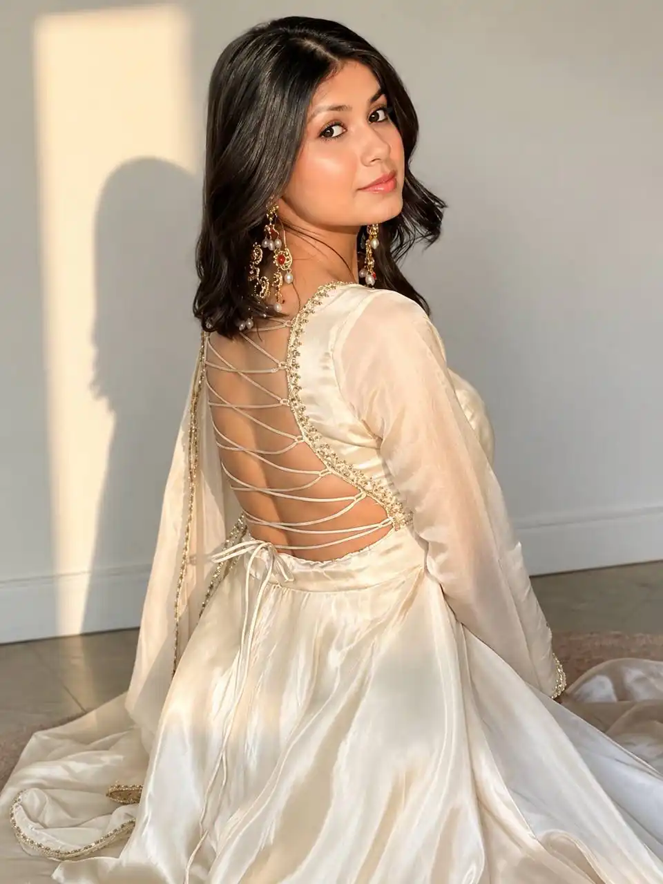 Fancy White Upada Silk Embroidery Work Gown - Image 6