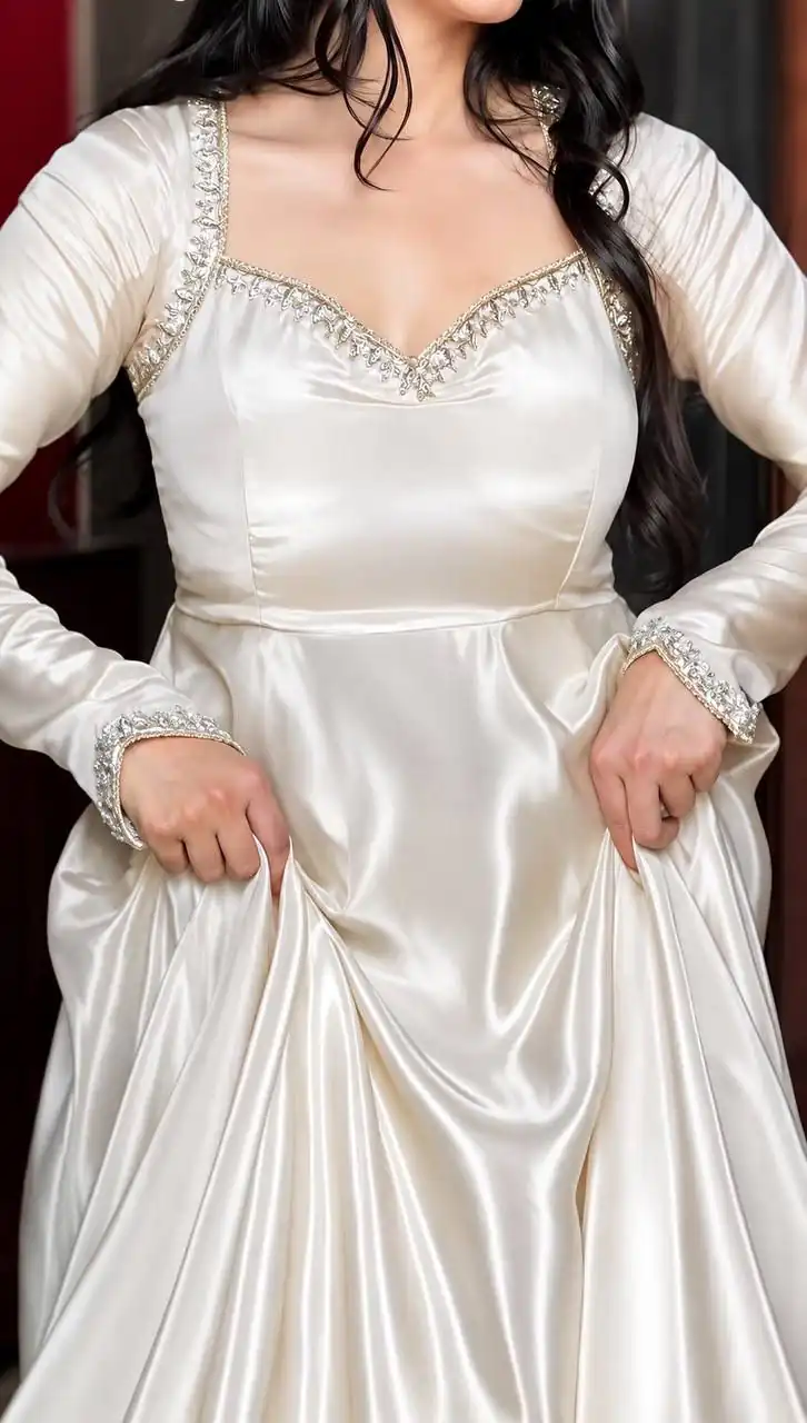 Fancy White Upada Silk Embroidery Work Gown - Image 4
