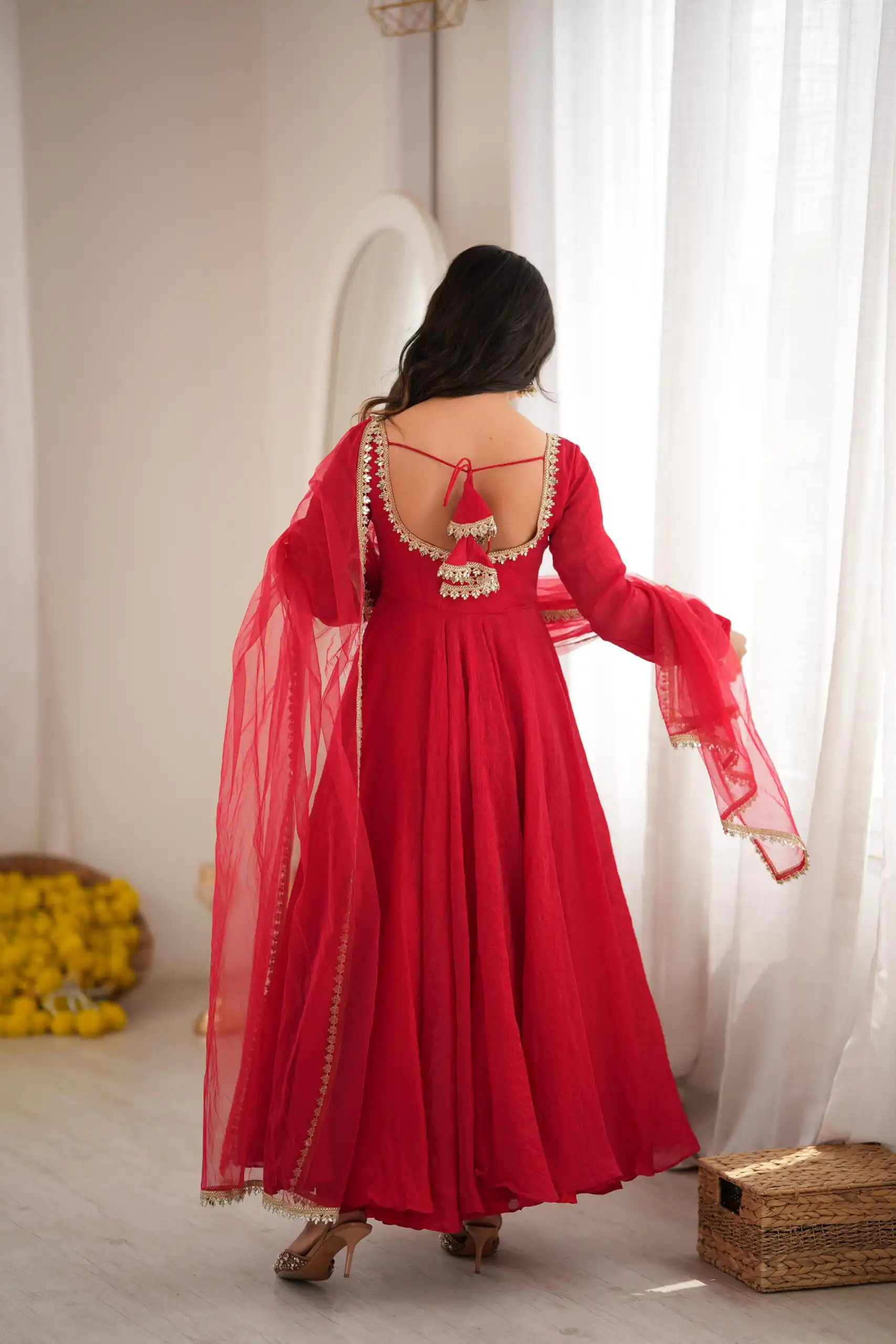 Glowing Red Doremon Crush Mirror Work Gown - Image 6