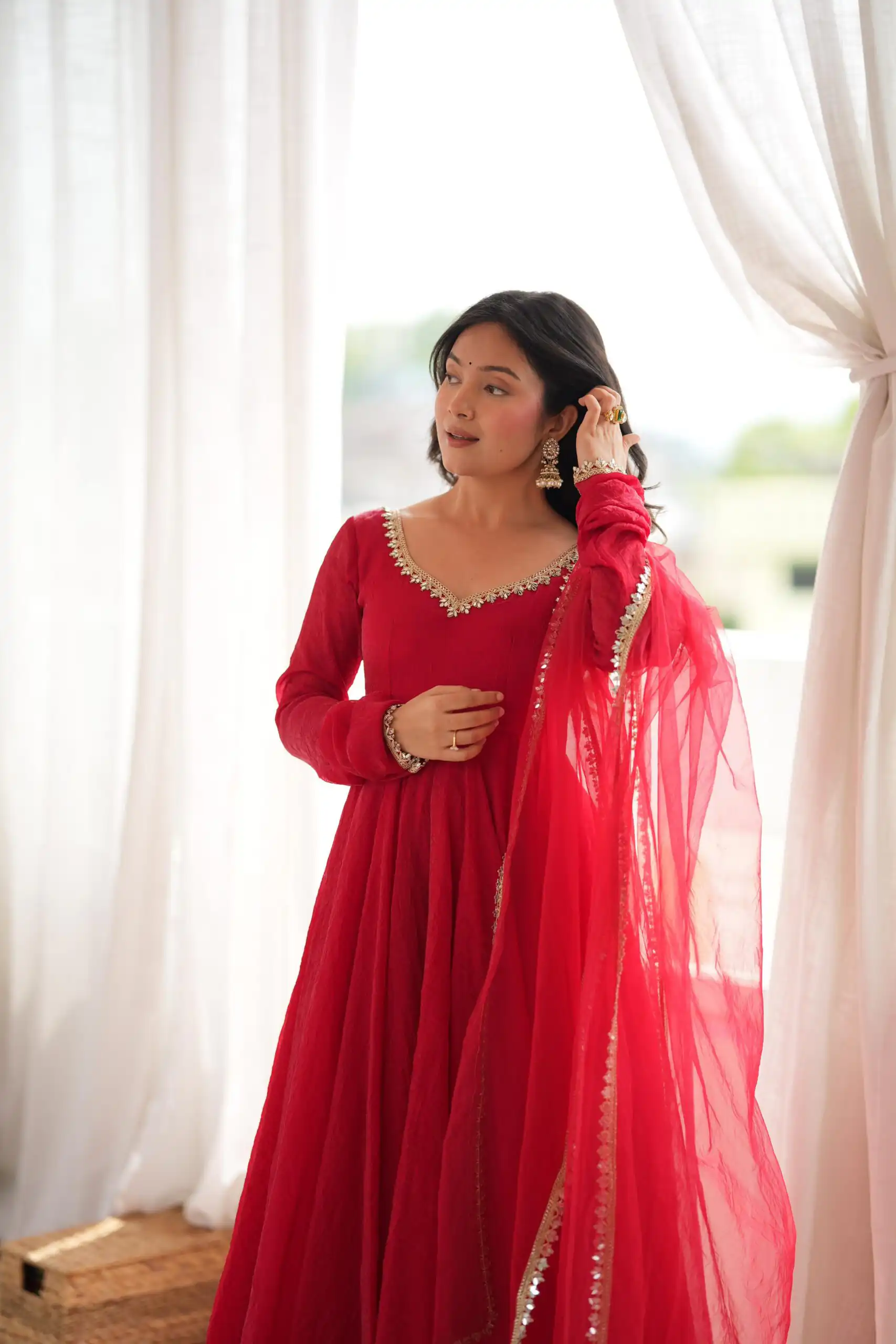 Glowing Red Doremon Crush Mirror Work Gown - Image 5