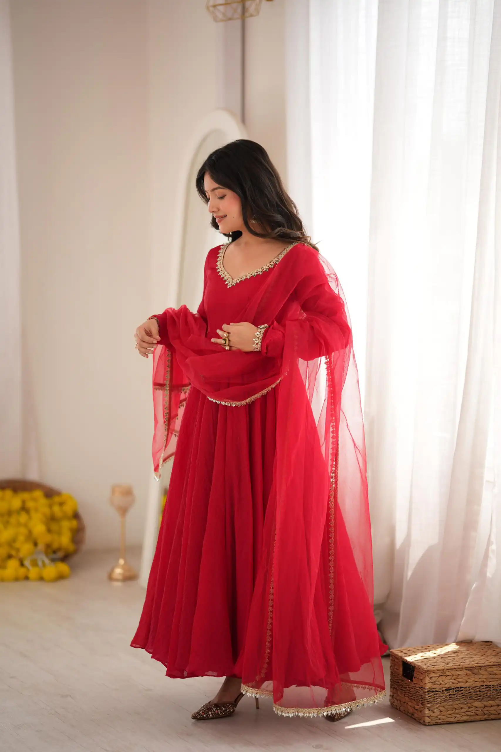 Glowing Red Doremon Crush Mirror Work Gown - Image 4