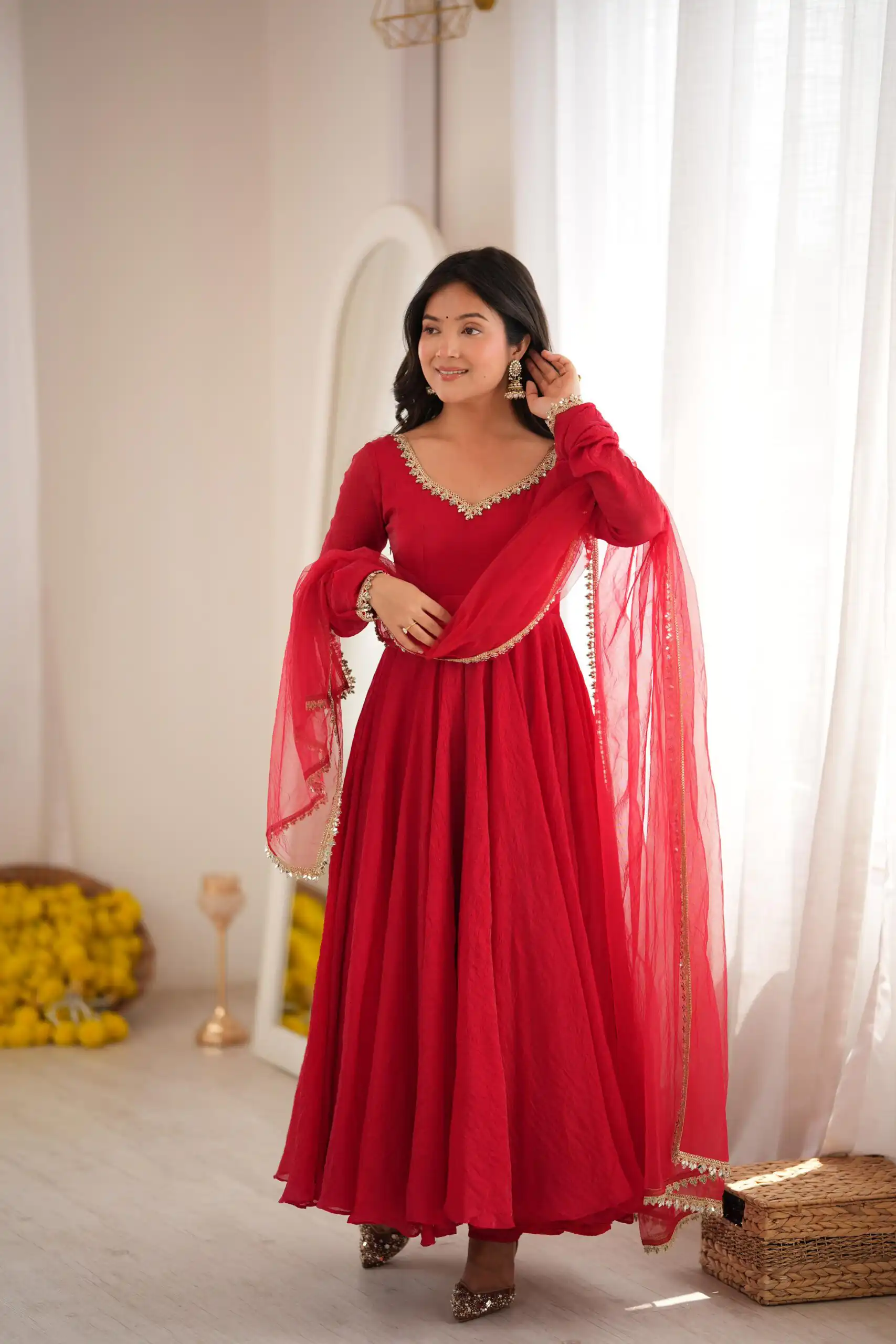 Glowing Red Doremon Crush Mirror Work Gown - Image 3