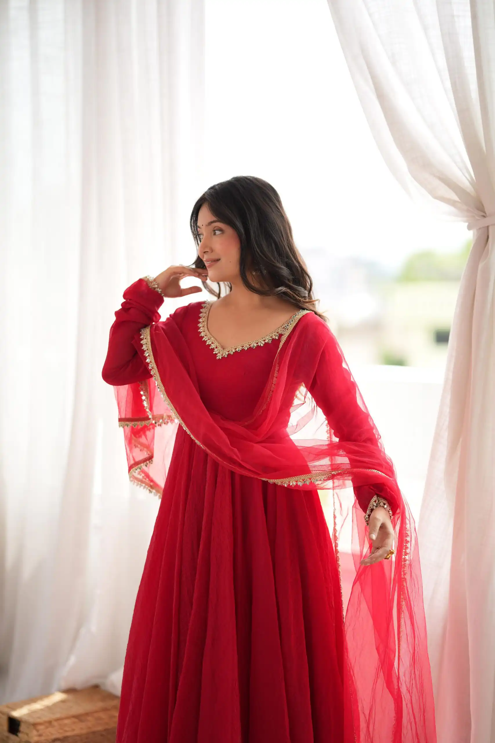 Glowing Red Doremon Crush Mirror Work Gown - Image 9