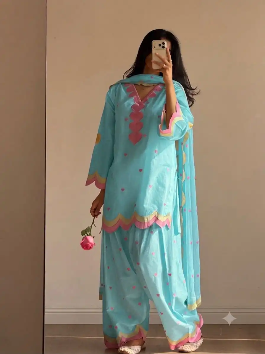 Graceful Blue Mul Chanderi Silk Embroidery Work Salwar Suit - Image 2