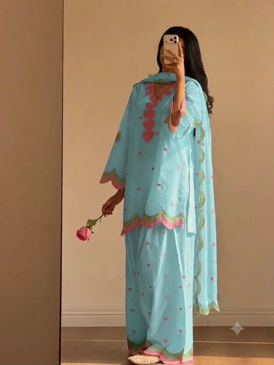 Graceful Blue Mul Chanderi Silk Embroidery Work Salwar Suit