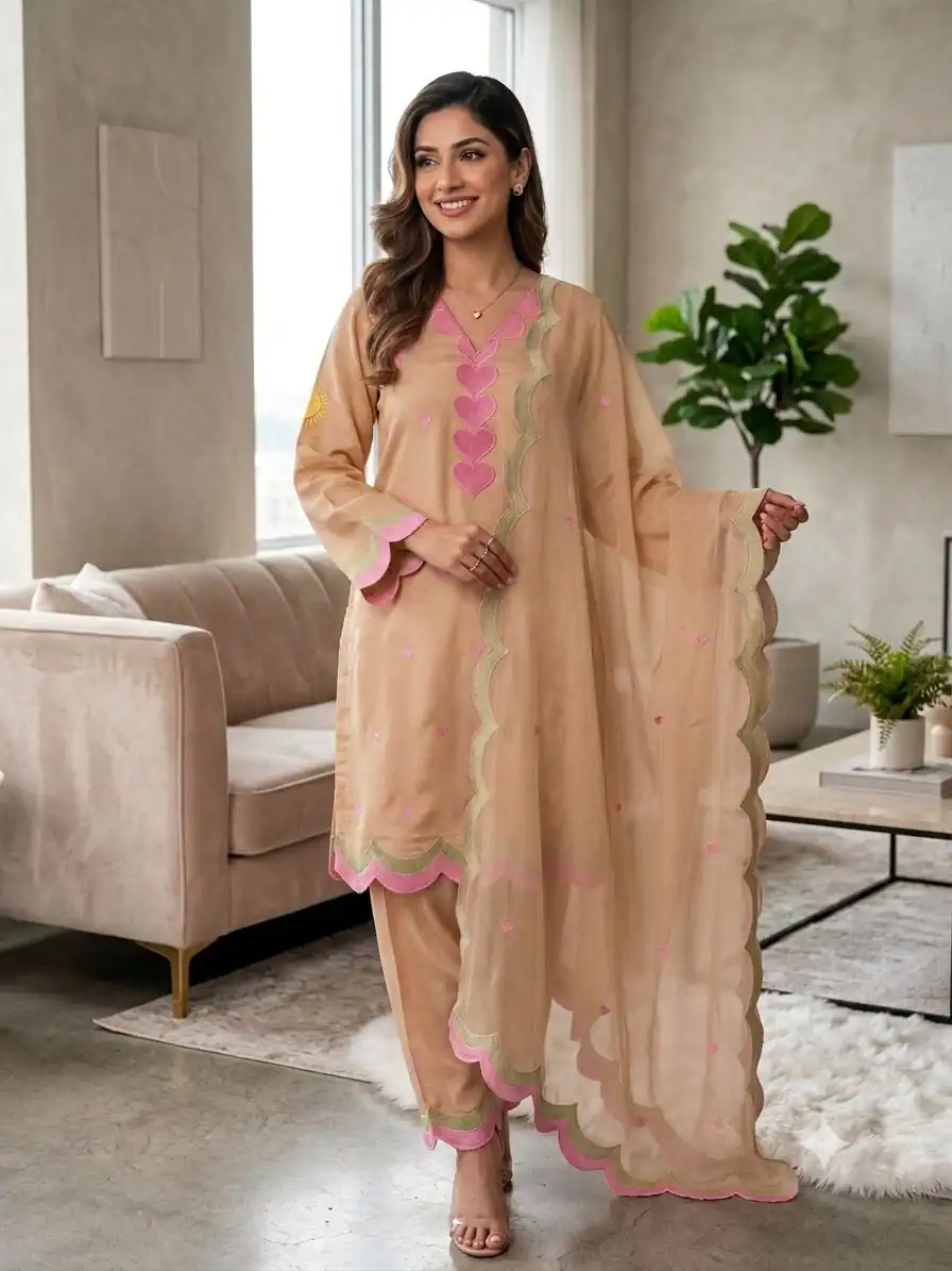 Graceful Chiku Mul Chanderi Silk Embroidery Work Salwar Suit