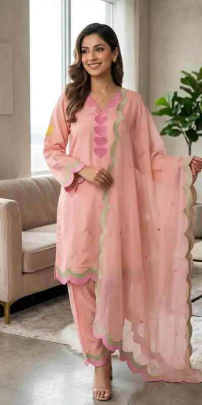 Alternative view of Graceful Peach Mul Chanderi Silk Embroidery Work Salwar Suit