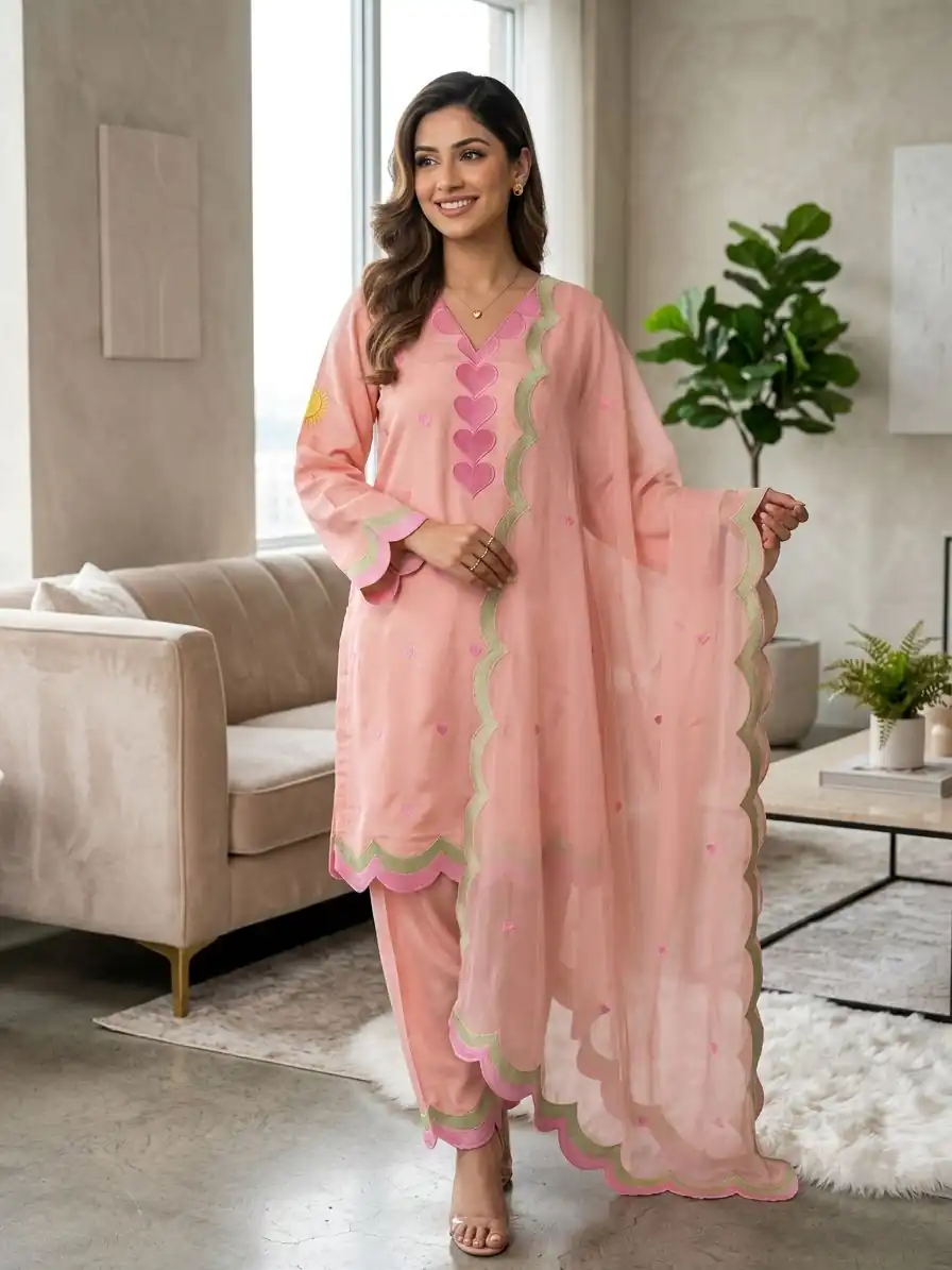Graceful Peach Mul Chanderi Silk Embroidery Work Salwar Suit - Image 2
