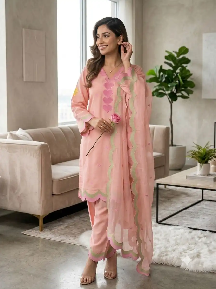 Graceful Peach Mul Chanderi Silk Embroidery Work Salwar Suit