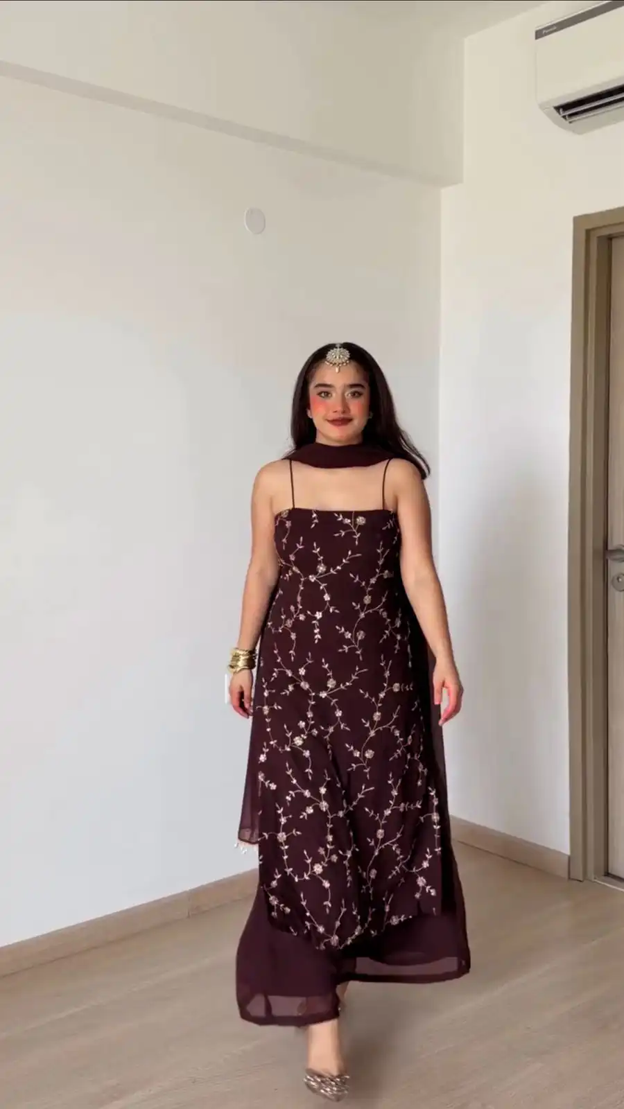 Perfect Brown Faux Georgette Sequences Work Salwar Suit