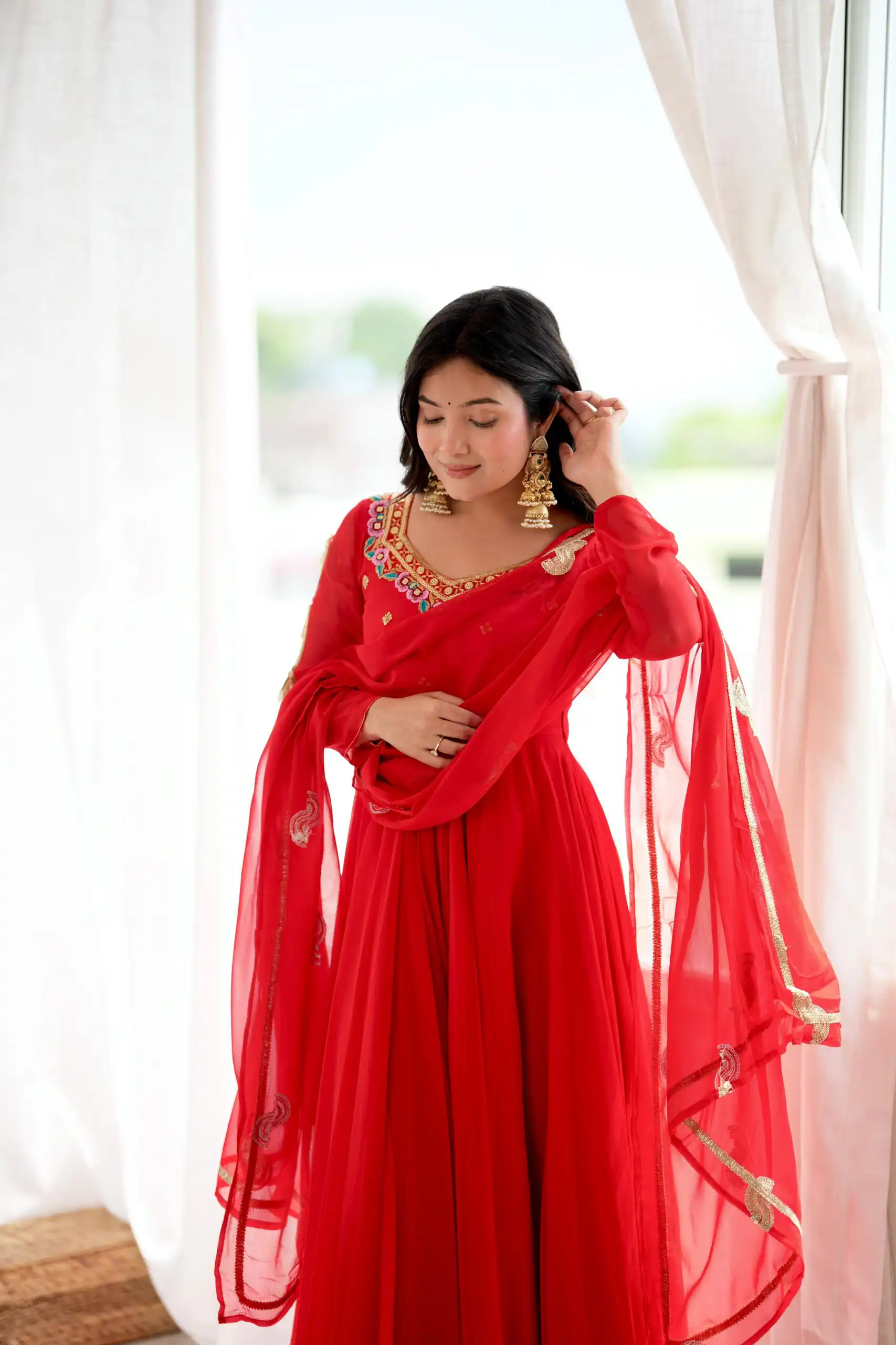Shiny Red Faux Georgette Sequins Work Gown - Image 5