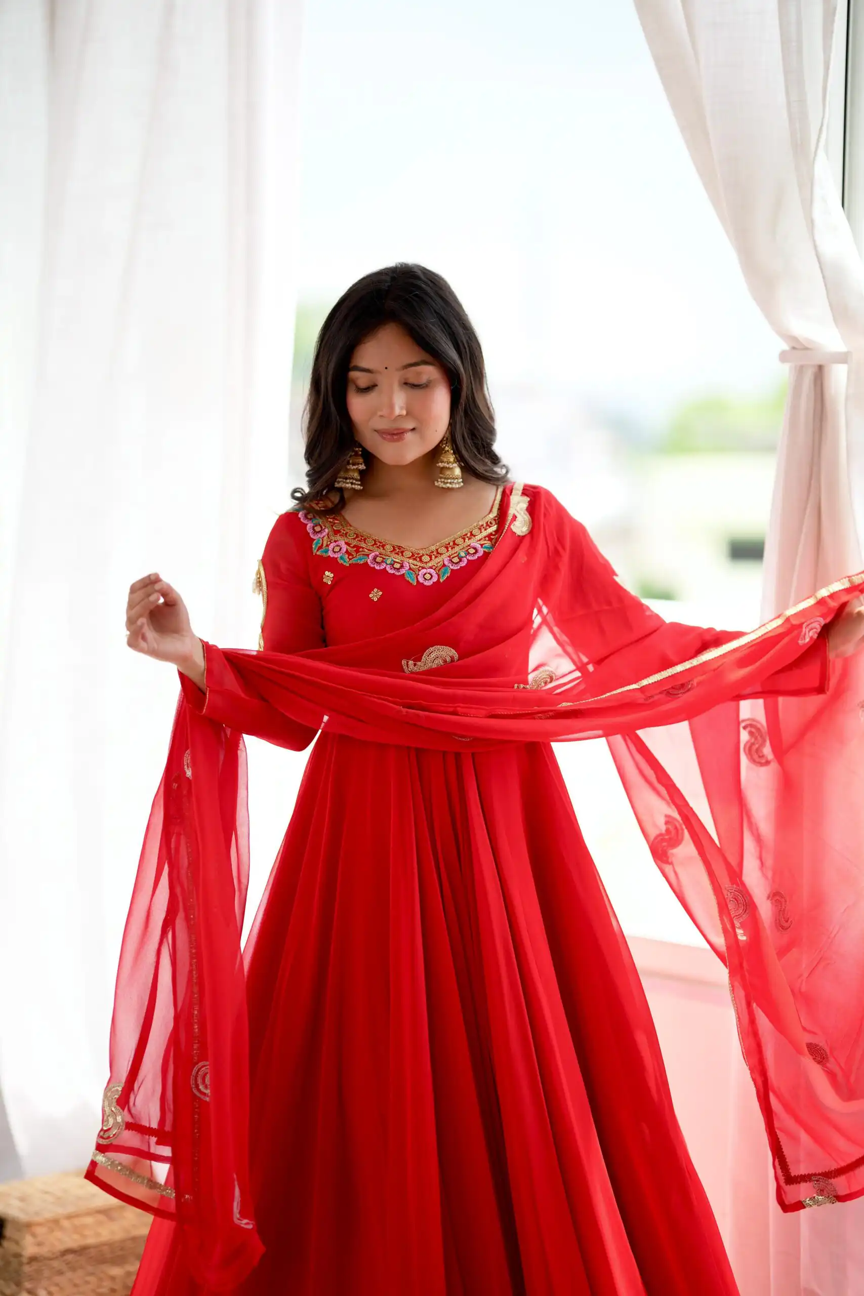Shiny Red Faux Georgette Sequins Work Gown - Image 2