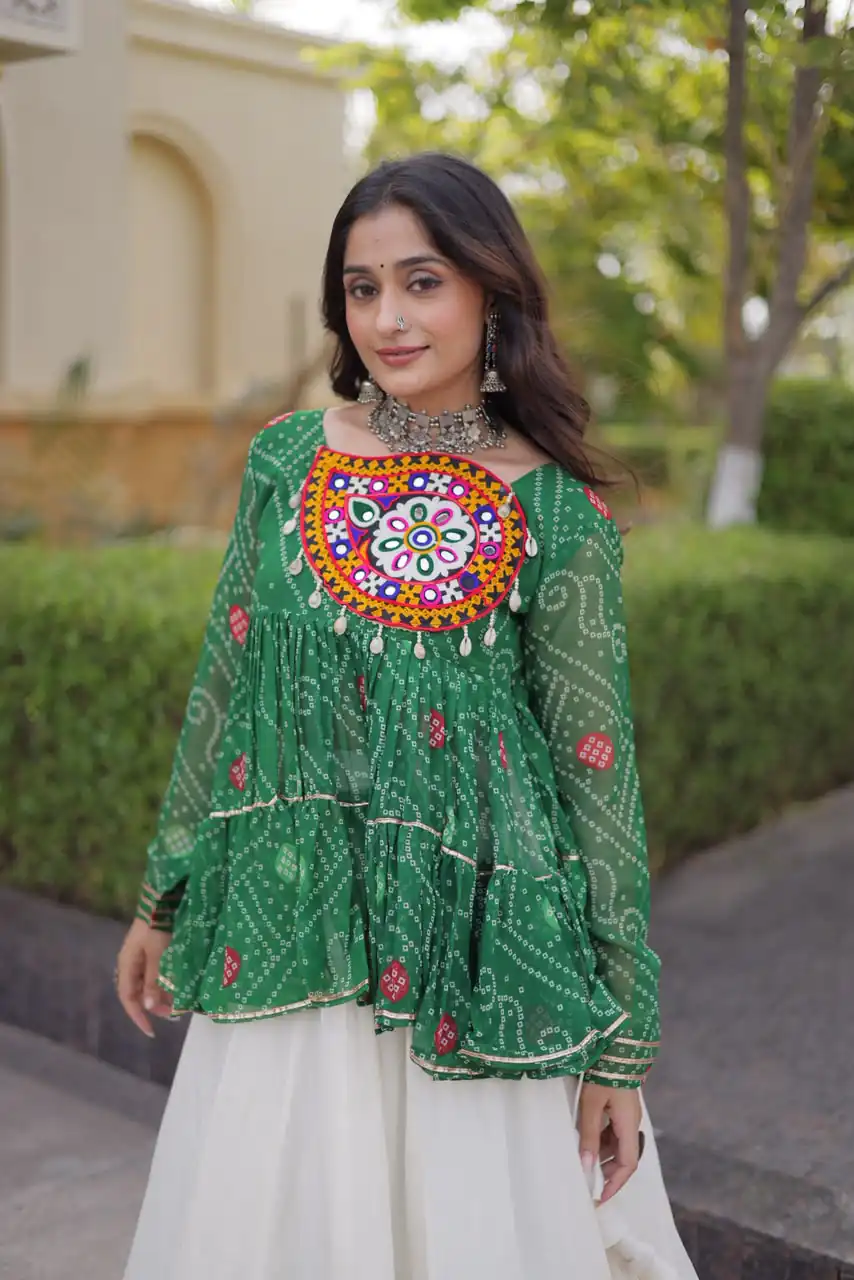 Super Green Kora Cotton Kutchi Gamthi Work Lehenga Choli - Image 2