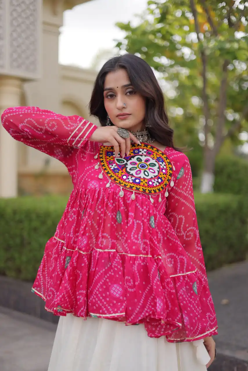 Super Pink Kora Cotton Kutchi Gamthi Work Lehenga Choli - Image 2