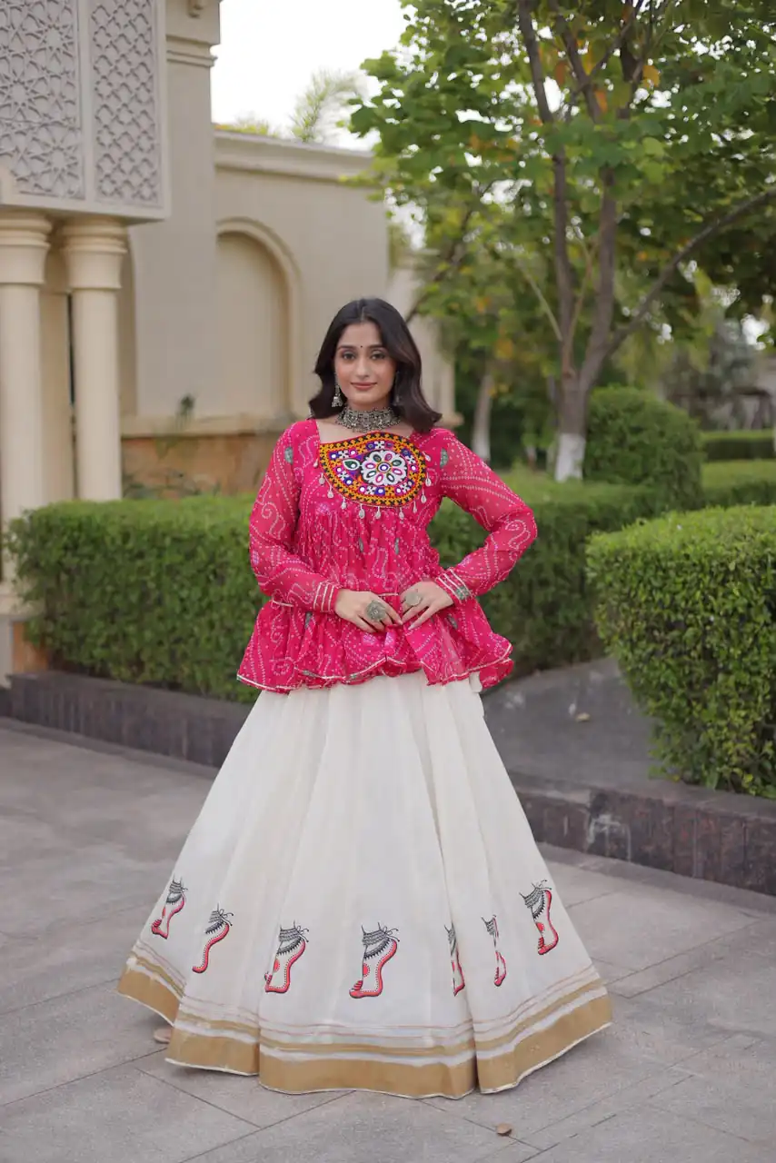 Super Pink Kora Cotton Kutchi Gamthi Work Lehenga Choli