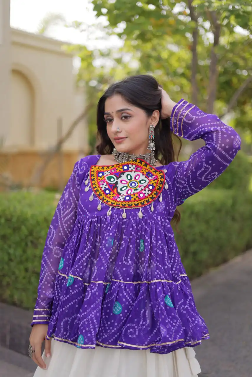 Super Purple Kora Cotton Kutchi Gamthi Work Lehenga Choli - Image 4