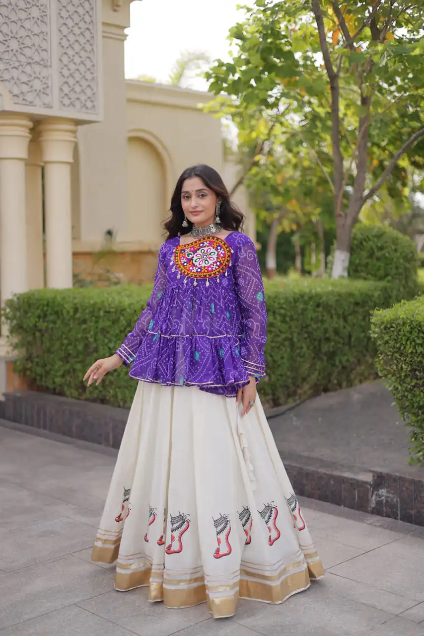 Super Purple Kora Cotton Kutchi Gamthi Work Lehenga Choli - Image 2