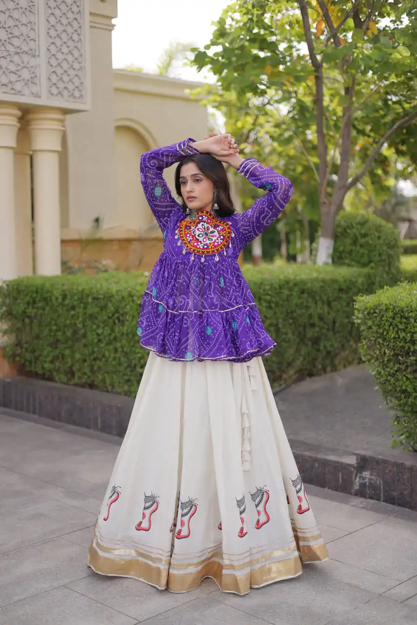 Super Purple Kora Cotton Kutchi Gamthi Work Lehenga Choli