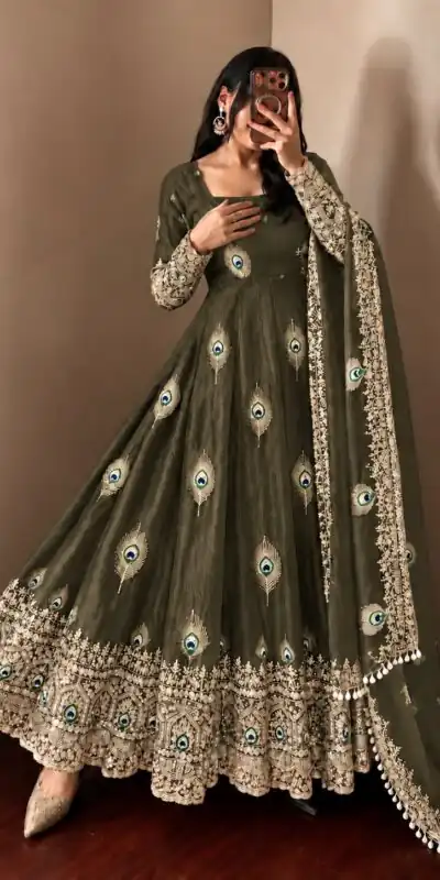 SRK 5372 Mehendi Fendy Silk Gown with Embroidery Work & Sequins Work. Special Price ₹2799. Delivery 4-6 Working Days. Shop now. | Gowns, Bollywood Gowns, Creative Gowns, Designer Gowns, Embroidered Gowns, Party Wear Gowns