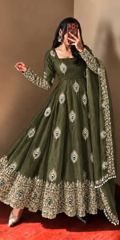 SRK 5372 Mehendi Fendy Silk Gown with Embroidery Work & Sequins Work. Special Price ₹2799. Delivery 4-6 Working Days. Shop now. | Gowns, Bollywood Gowns, Creative Gowns, Designer Gowns, Embroidered Gowns, Party Wear Gowns
