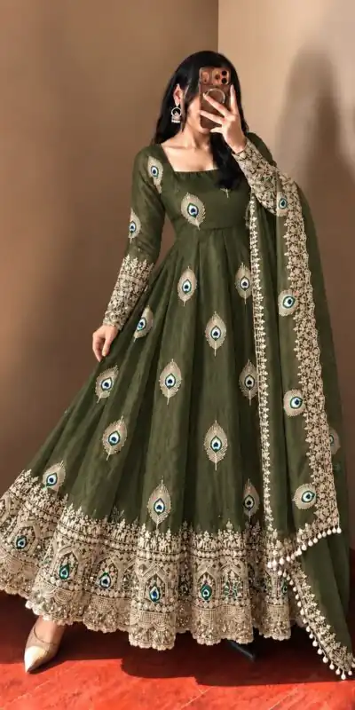 SRK 5372 Mehendi Fendy Silk Gown with Embroidery Work & Sequins Work. Special Price ₹2799. Delivery 4-6 Working Days. Shop now. | Gowns, Bollywood Gowns, Creative Gowns, Designer Gowns, Embroidered Gowns, Party Wear Gowns