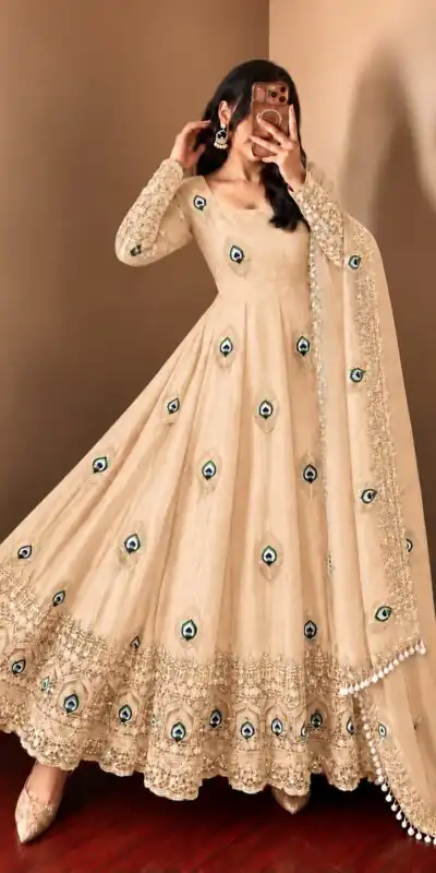 SRK 5372 Off White Fendy Silk Gown with Embroidery Work & Sequins Work. Special Price ₹2799. Delivery 4-6 Working Days. Shop now. | Gowns, Bollywood Gowns, Creative Gowns, Designer Gowns, Embroidered Gowns, Party Wear Gowns