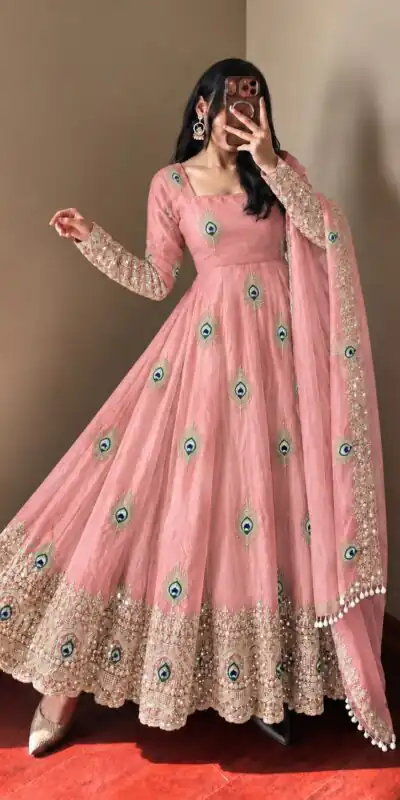 SRK 5372 Peach Fendy Silk Gown with Embroidery Work & Sequins Work. Special Price ₹2799. Delivery 4-6 Working Days. Shop now. | Gowns, Bollywood Gowns, Creative Gowns, Designer Gowns, Embroidered Gowns, Party Wear Gowns