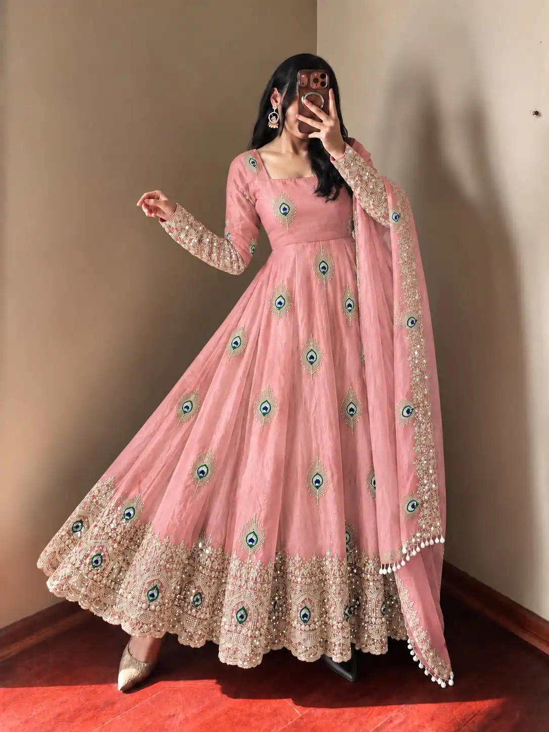 SRK 5372 Peach Fendy Silk Gown with Embroidery Work & Sequins Work. Special Price ₹2799. Delivery 4-6 Working Days. Shop now. | Gowns, Bollywood Gowns, Creative Gowns, Designer Gowns, Embroidered Gowns, Party Wear Gowns