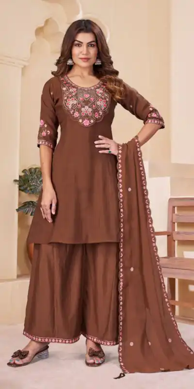 DIVA 172 Brown Mal Chanderi Salwar Suit Perfect for Wedding, Party, Baisakhi, Housewarming, Sangeet – Introductory Price ₹2799. Delivery 4-6 Working D | Jump Suits, Salwar suit, Casual Suits, Creative suits, Designer Suits, Palazzo Suits, Party Wear Suits, Patiala Suits, Straight Suits