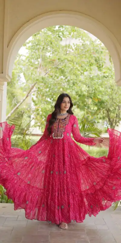 KA 1276 Pink in Colour Faux Georgette Bandhani Print Work Gown. Available at ₹2069 only. Delivery 4-6 Working Days. Shop now. | Gowns, Bollywood Gowns, Creative Gowns, Designer Gowns, Embroidered Gowns, Party Wear Gowns