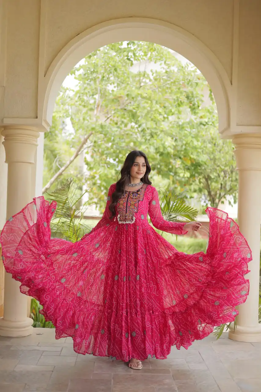 KA 1276 Pink in Colour Faux Georgette Bandhani Print Work Gown. Available at ₹2069 only. Delivery 4-6 Working Days. Shop now. | Gowns, Bollywood Gowns, Creative Gowns, Designer Gowns, Embroidered Gowns, Party Wear Gowns
