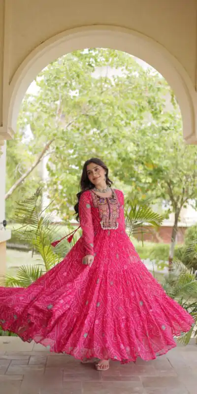 KA 1276 Pink in Colour Faux Georgette Bandhani Print Work Gown. Available at ₹2069 only. Delivery 4-6 Working Days. Shop now. | Gowns, Bollywood Gowns, Creative Gowns, Designer Gowns, Embroidered Gowns, Party Wear Gowns