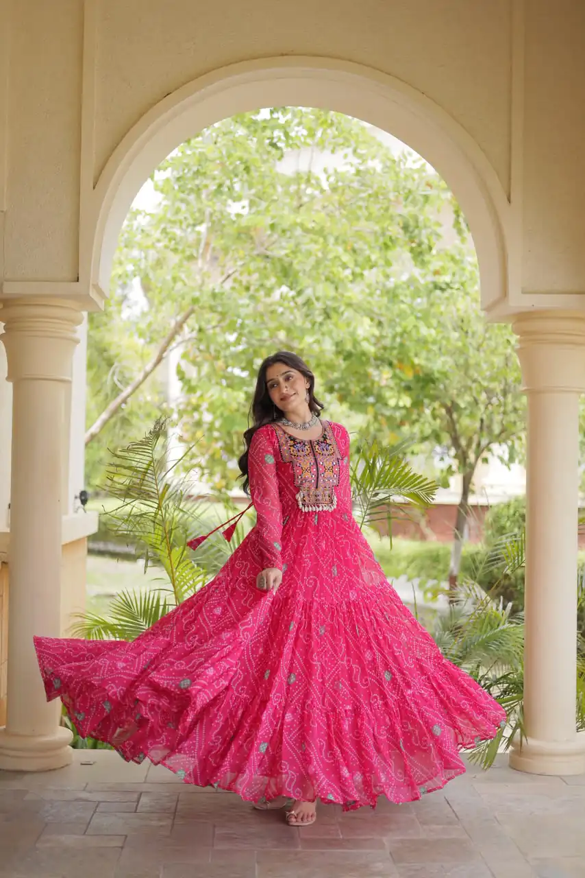 KA 1276 Pink in Colour Faux Georgette Bandhani Print Work Gown. Available at ₹2069 only. Delivery 4-6 Working Days. Shop now. | Gowns, Bollywood Gowns, Creative Gowns, Designer Gowns, Embroidered Gowns, Party Wear Gowns