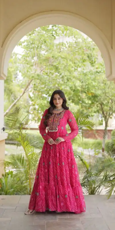 KA 1276 Pink in Colour Faux Georgette Bandhani Print Work Gown. Available at ₹2069 only. Delivery 4-6 Working Days. Shop now. | Gowns, Bollywood Gowns, Creative Gowns, Designer Gowns, Embroidered Gowns, Party Wear Gowns