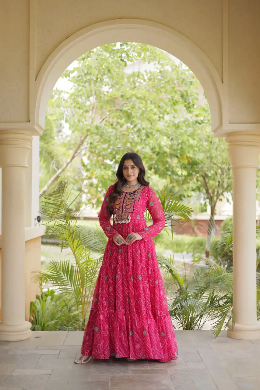 KA 1276 Pink in Colour Faux Georgette Bandhani Print Work Gown. Available at ₹2069 only. Delivery 4-6 Working Days. Shop now. | Gowns, Bollywood Gowns, Creative Gowns, Designer Gowns, Embroidered Gowns, Party Wear Gowns