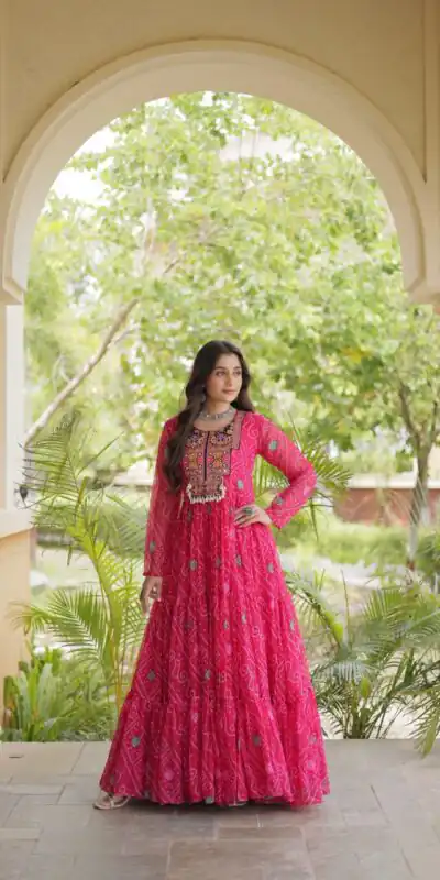 KA 1276 Pink in Colour Faux Georgette Bandhani Print Work Gown. Available at ₹2069 only. Delivery 4-6 Working Days. Shop now. | Gowns, Bollywood Gowns, Creative Gowns, Designer Gowns, Embroidered Gowns, Party Wear Gowns