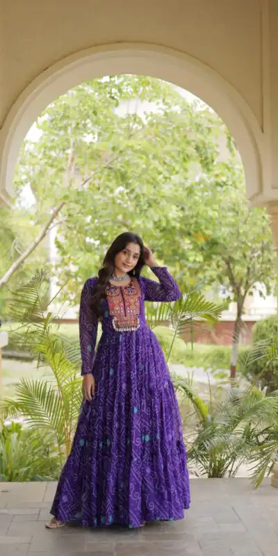 KA 1276 Purple in Colour Faux Georgette Bandhani Print Work Gown. Available at ₹2069 only. Delivery 4-6 Working Days. Shop now. | Gowns, Bollywood Gowns, Creative Gowns, Designer Gowns, Embroidered Gowns, Party Wear Gowns